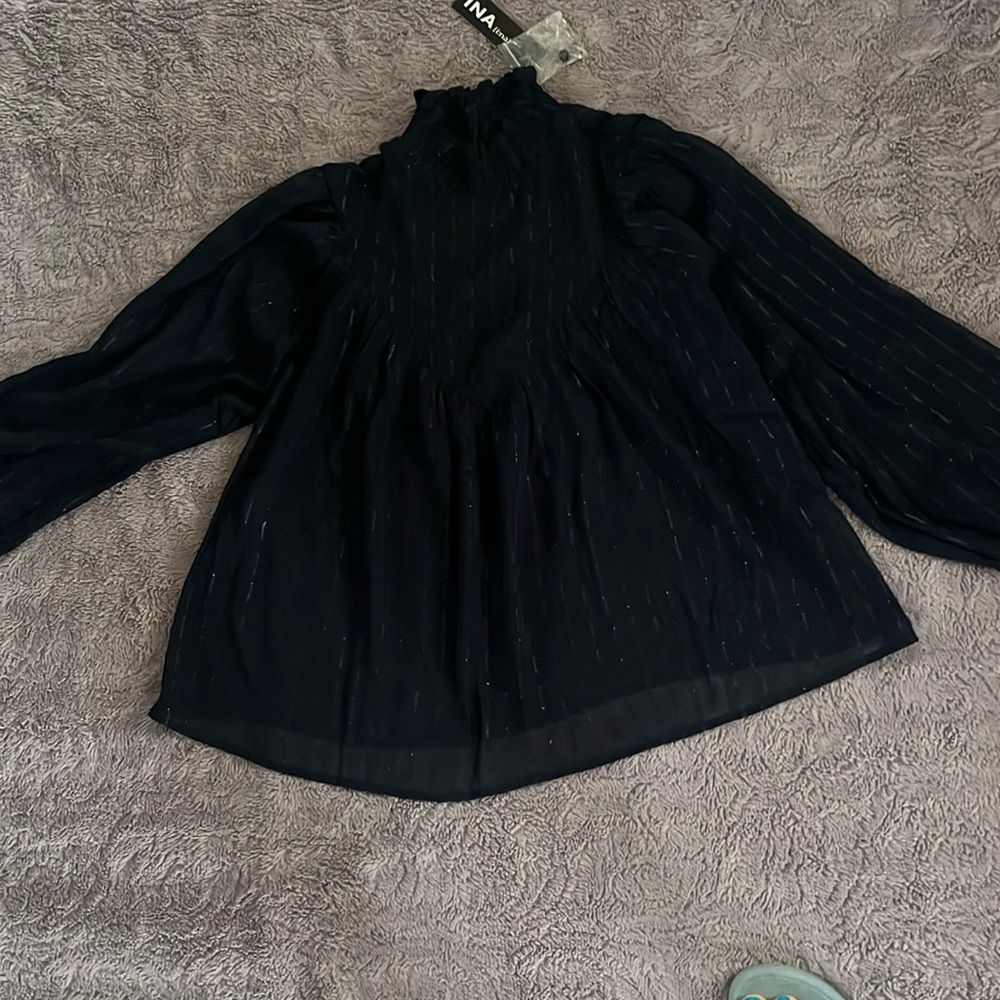 Ina Ladies size S navy blouse with metallic threading NWT